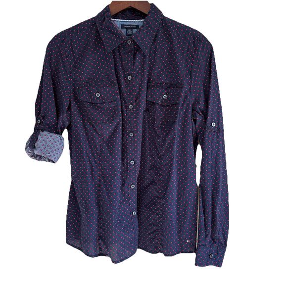 Tommy Hilfiger Women's Blue Polka Dot Roll-Tab Sleeve Button Down Shirt Large - Picture 1 of 11